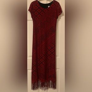 Vintage 90’s Harlow Red Flapper Style Lace Crochet Fringe Dress W/Black Lining